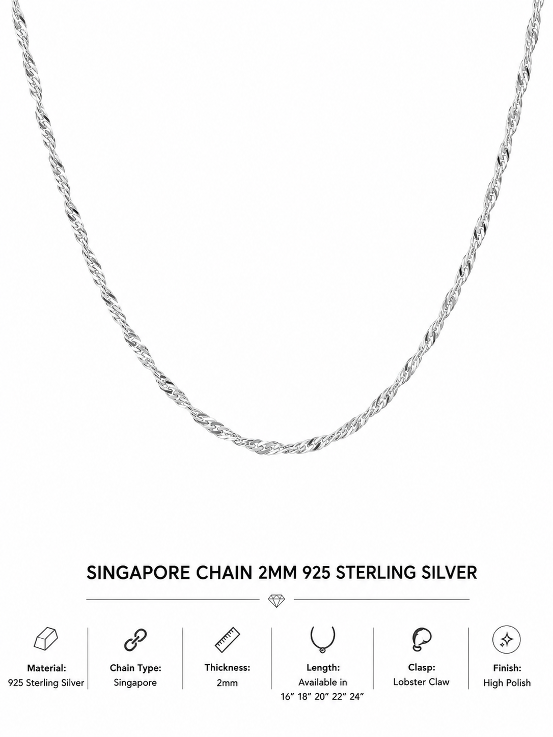 925 Sterling Silver Singapore Chain – 2mm 20 Inch High Polish Necklace