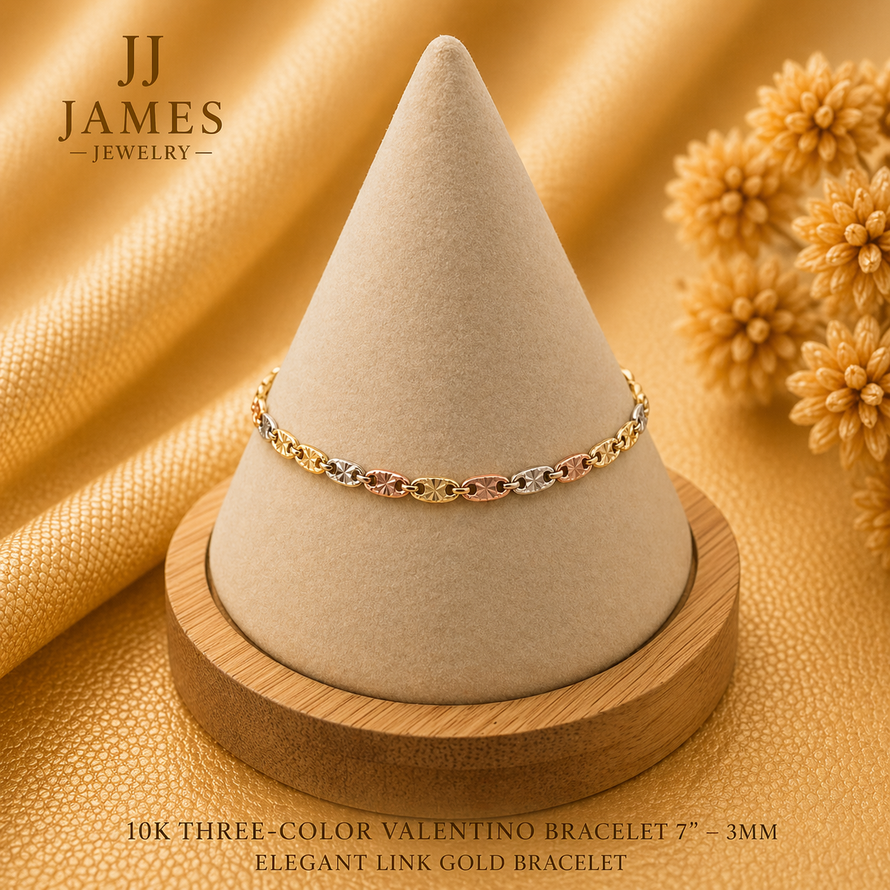 10K Three-Color Valentino Bracelet 7” – 3mm Elegant Link Gold Bracelet