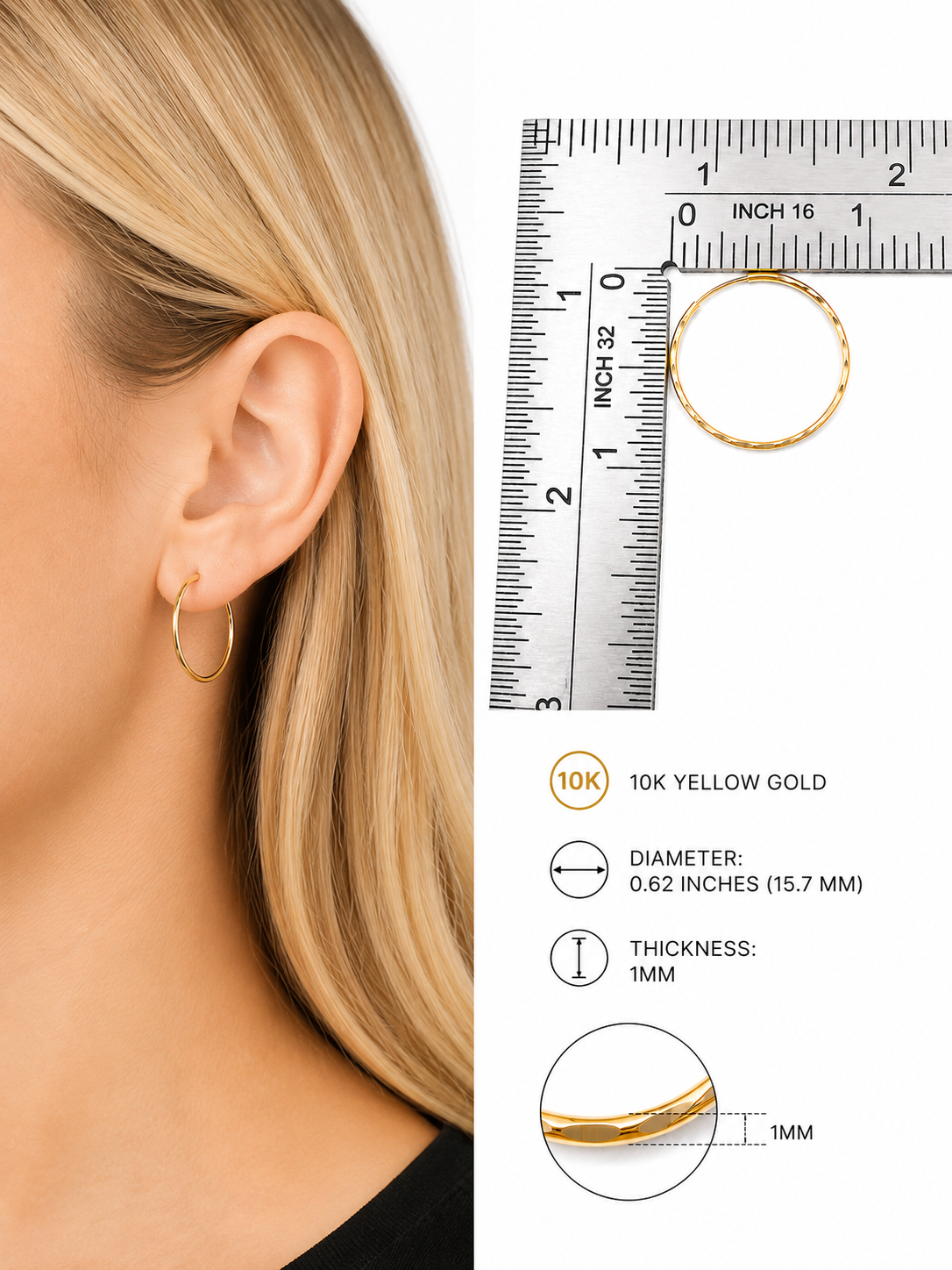10K Yellow Gold Hoop Earrings – Diamond-Cut Finish – 1mm Thickness