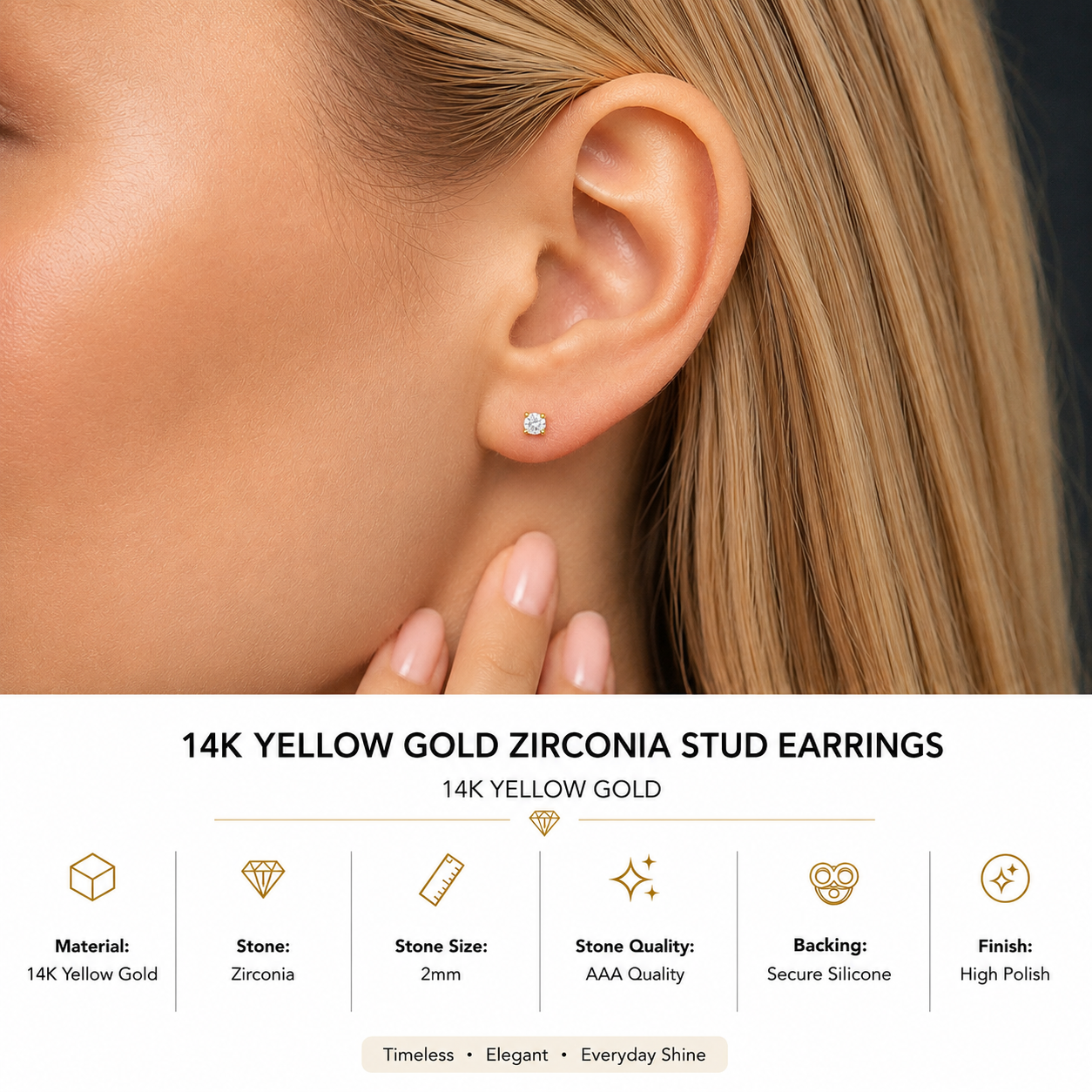 14K Yellow Gold 2mm Zirconia Stud Earrings