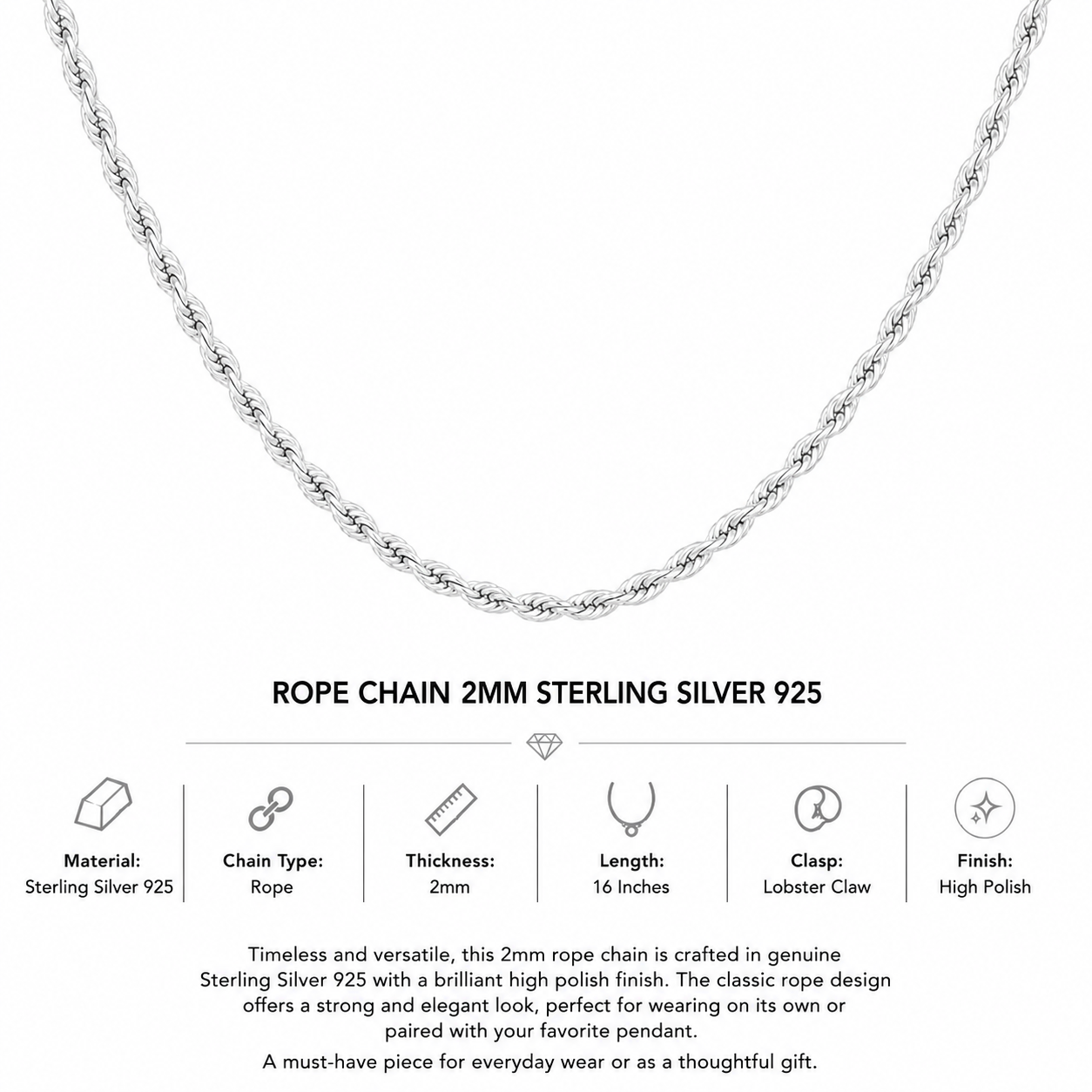 925 Sterling Silver Rope Chain “2MM” “16”