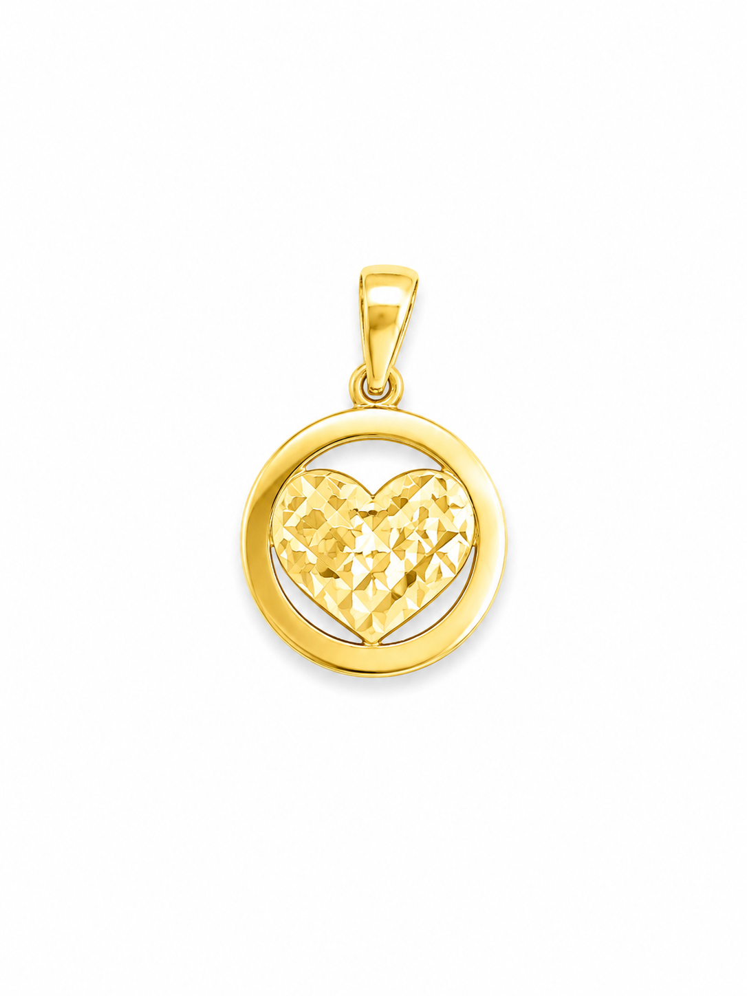 10K Yellow Gold Heart Pendant – Diamond-Cut Circle Design – Polished Finish