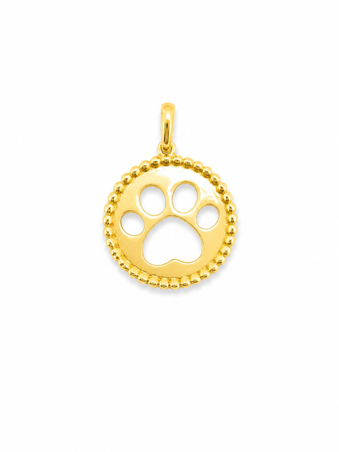 10K Yellow Gold Paw Print Pendant – Beaded Circle Design – Polished Finish