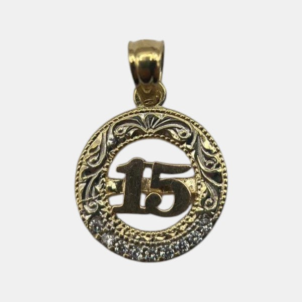 14K Yellow Gold 15th Birthday Pendant – Quinceañera Milestone Gold Necklace Charm