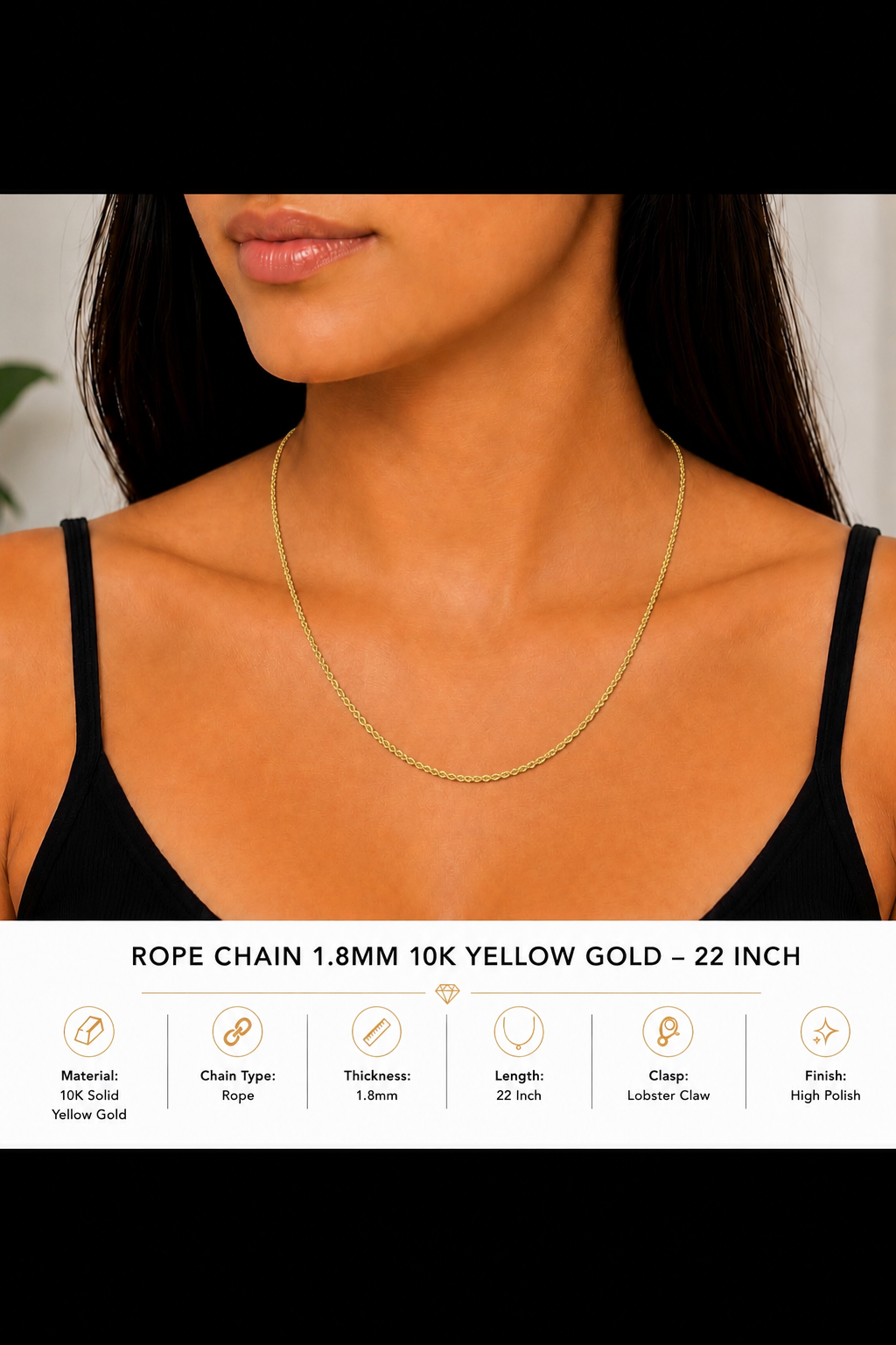 10K Yellow Gold Rope Chain 1.8mm – 22 Inch | Classic Rope Necklace