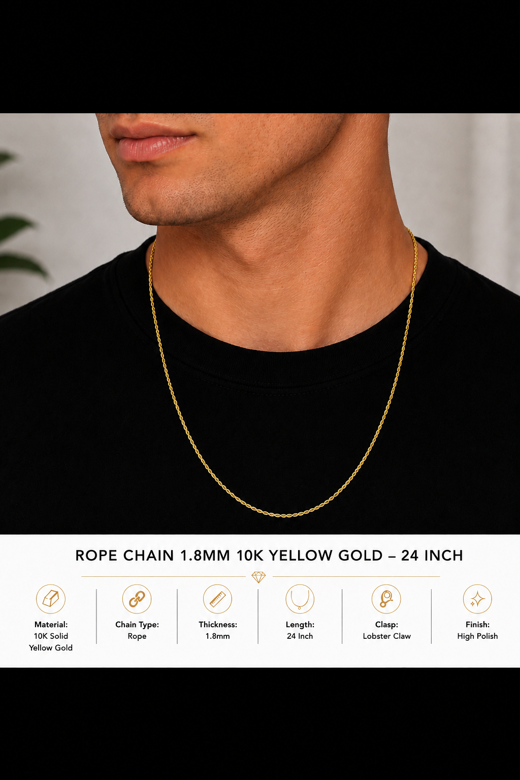 10K Yellow Gold Rope Chain 1.8mm – 24 Inch