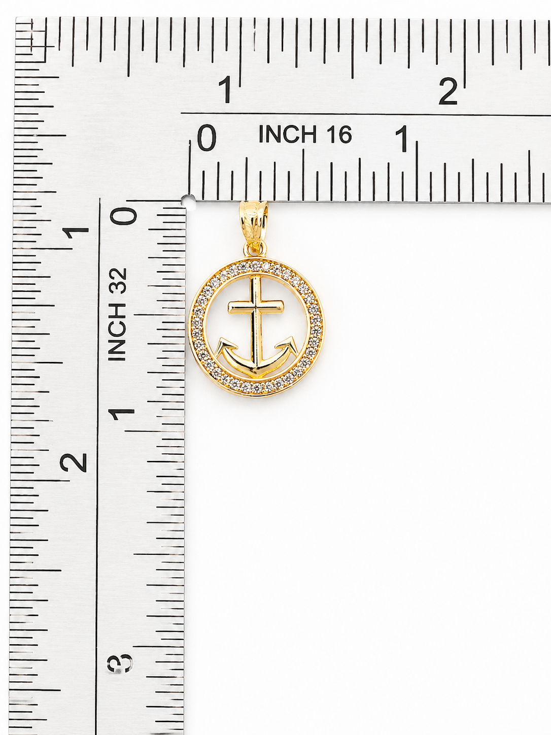 10K Yellow Gold Anchor Cross Pendant with Cubic Zirconia Halo – Polished Finish