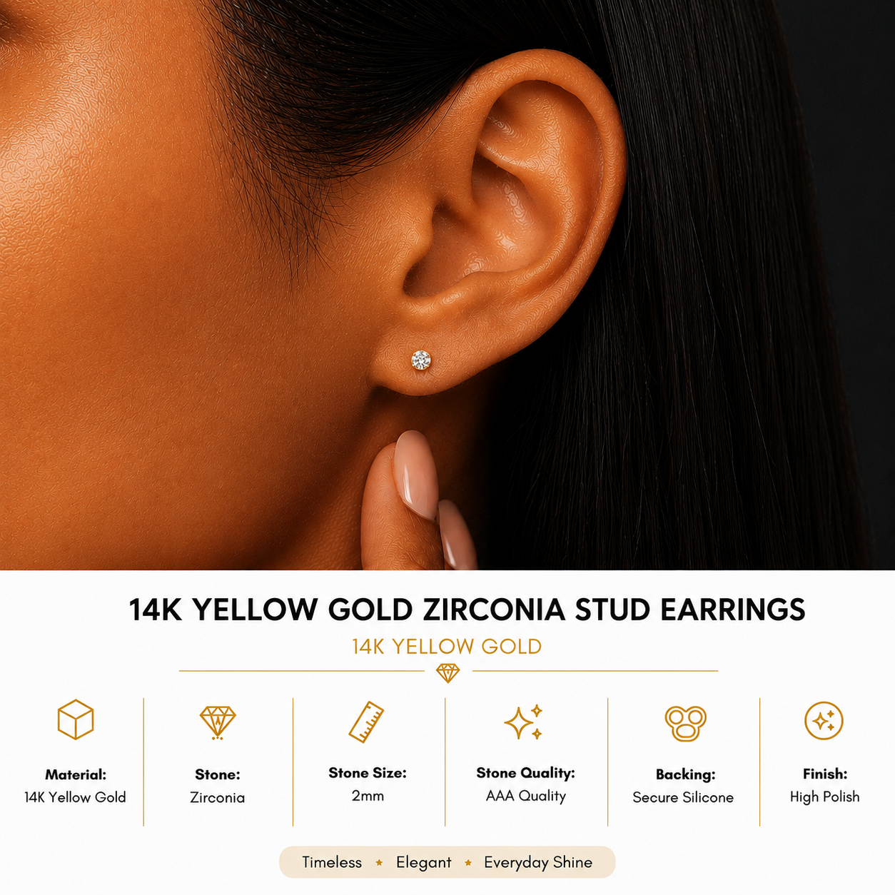 14K Yellow Gold 2mm Zirconia Stud Earrings