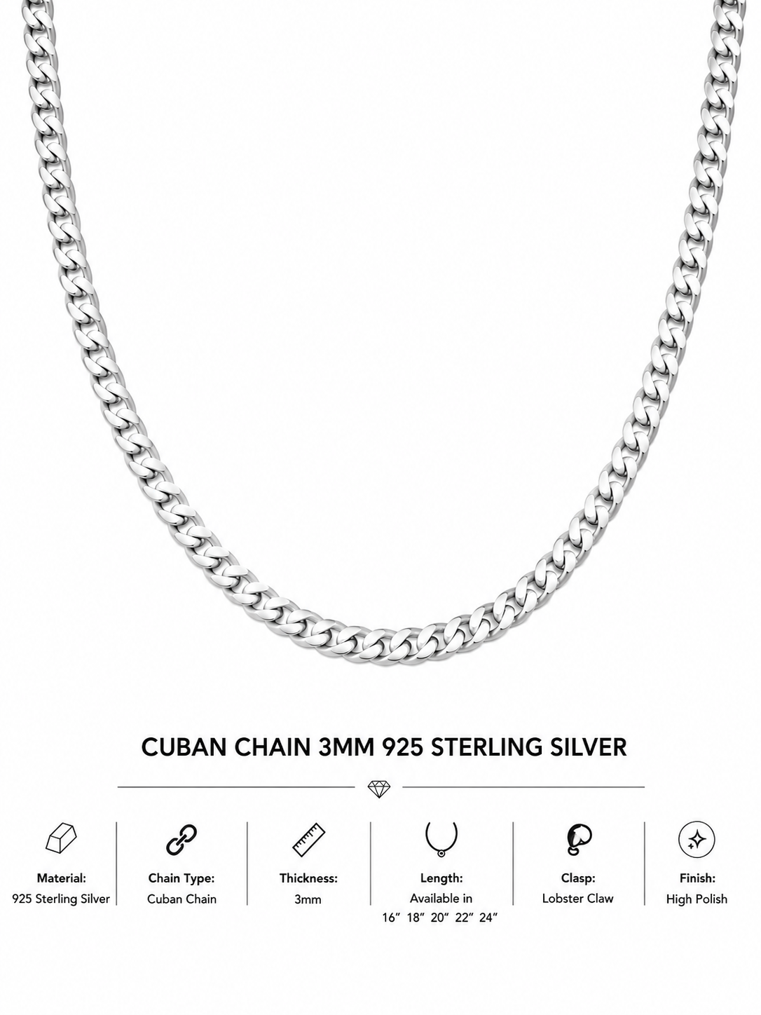 925 Sterling Silver Cuban Chain – 3mm 16 Inch High Polish Necklace