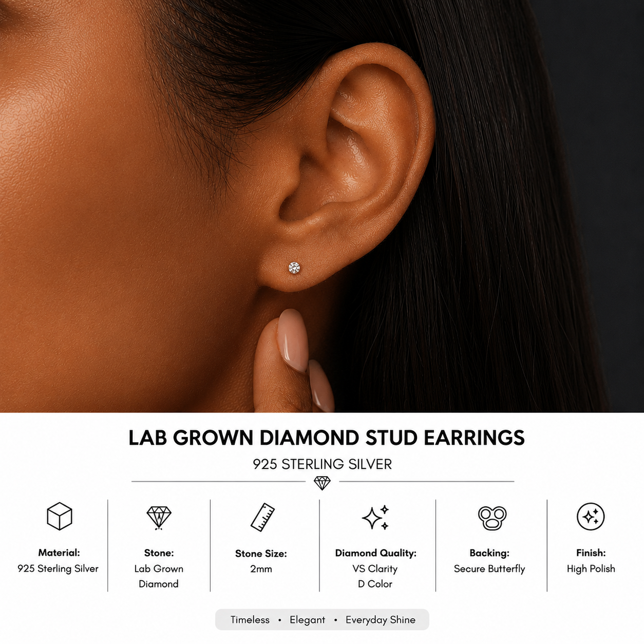 925 Sterling Silver 2mm Lab Grown Diamond Stud Earrings – 0.03 CT | D Color | VVS1