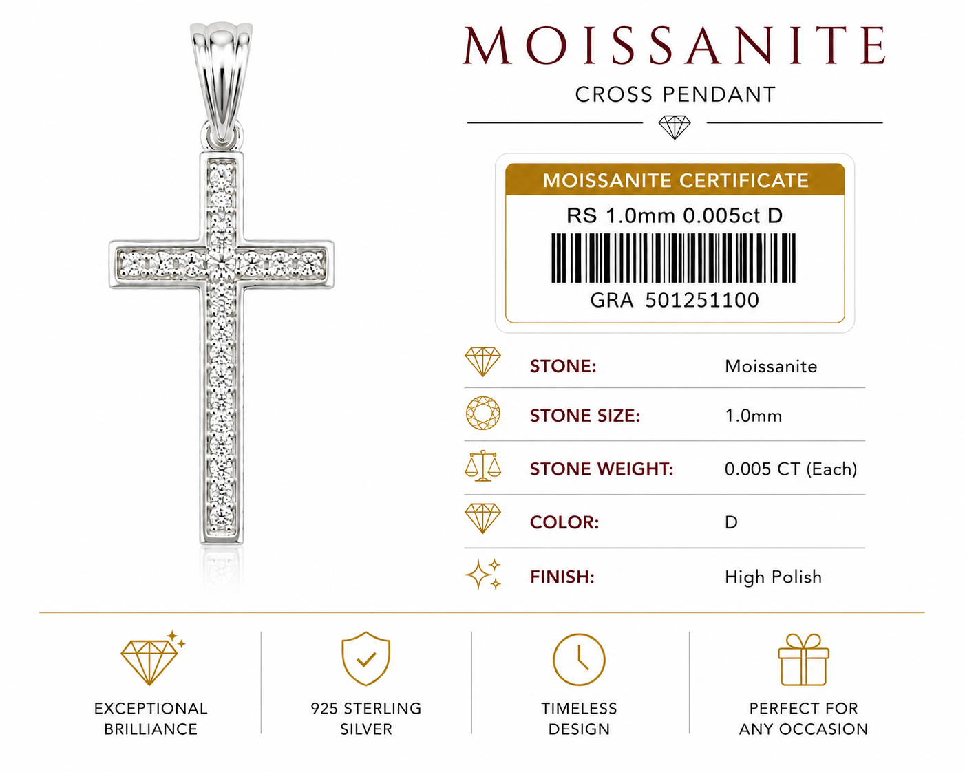 925 Sterling Silver Moissanite Cross Pendant – 1mm Stones – D Color – 0.005 CT Each