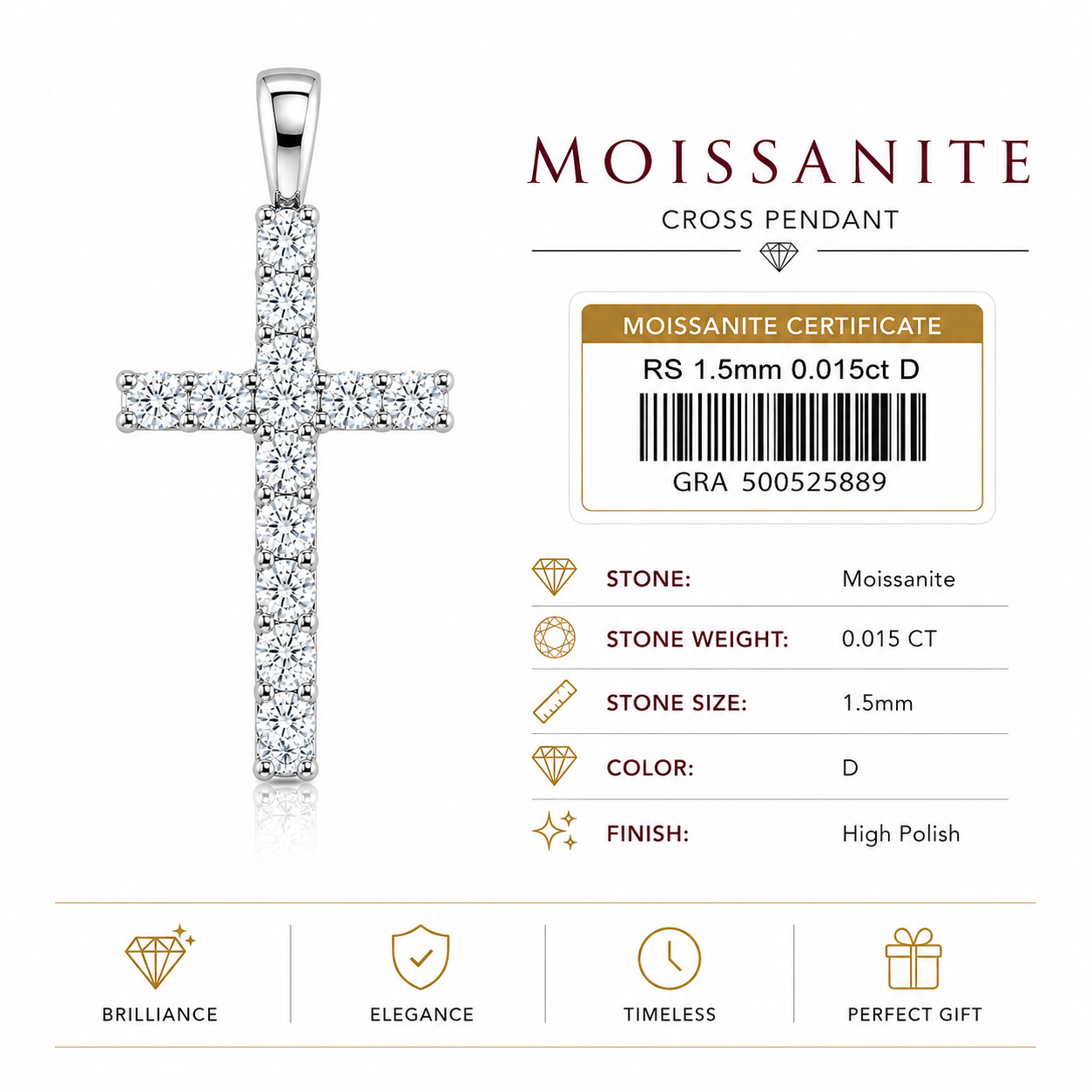 925 Sterling Silver Moissanite Cross Pendant – D Color | 1.5mm | High Polish Finish