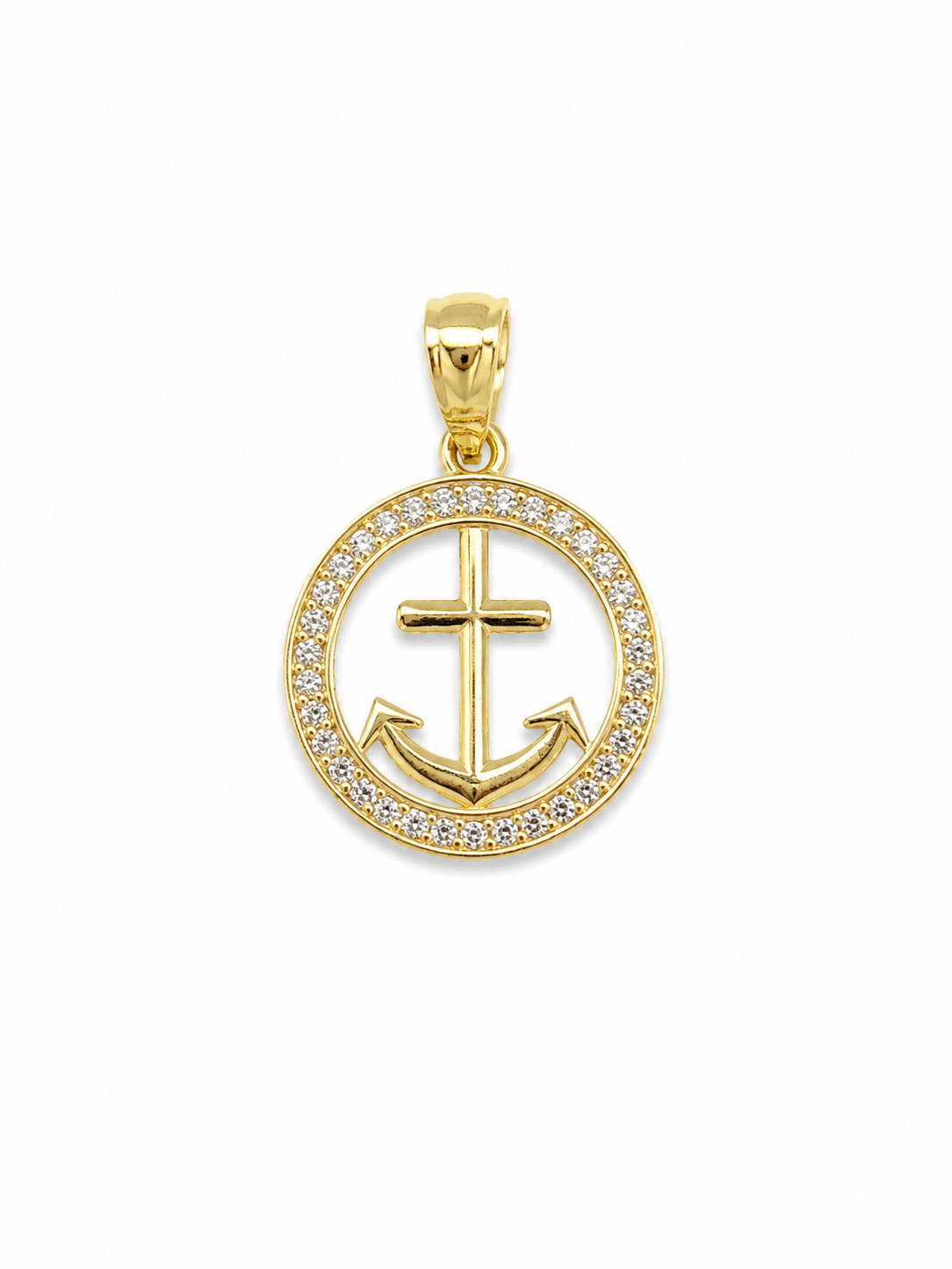 10K Yellow Gold Anchor Cross Pendant with Cubic Zirconia Halo – Polished Finish