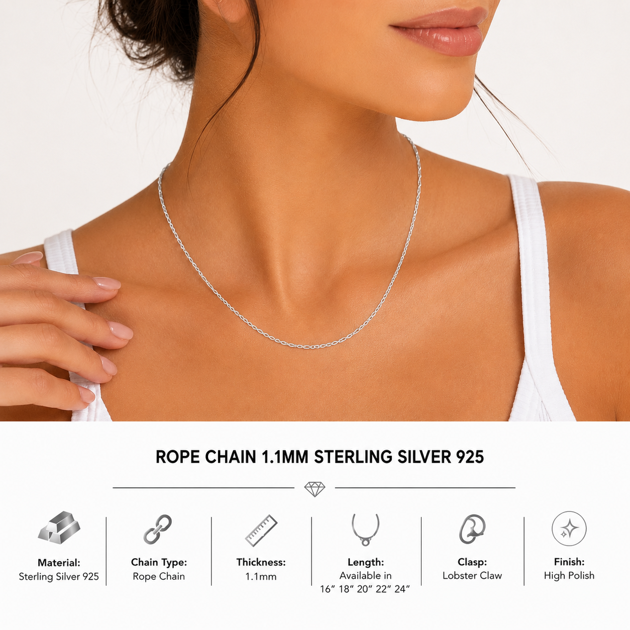 925 Sterling Silver Rope Chain 1.1mm – 22 Inch