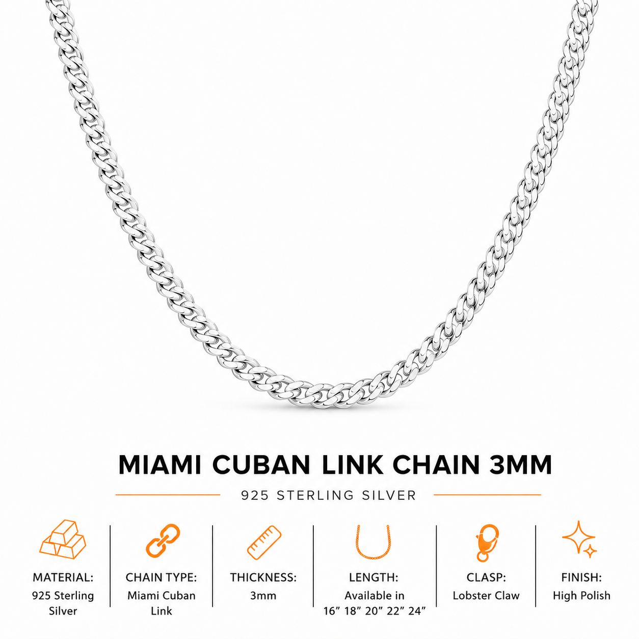 925 Sterling Silver Miami Cuban Link Chain – 3mm 16 Inch Classic Cuban Necklace