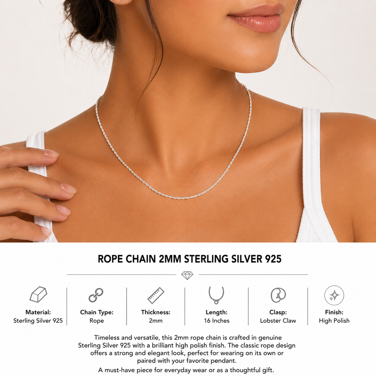 925 Sterling Silver Rope Chain “2MM” “16”