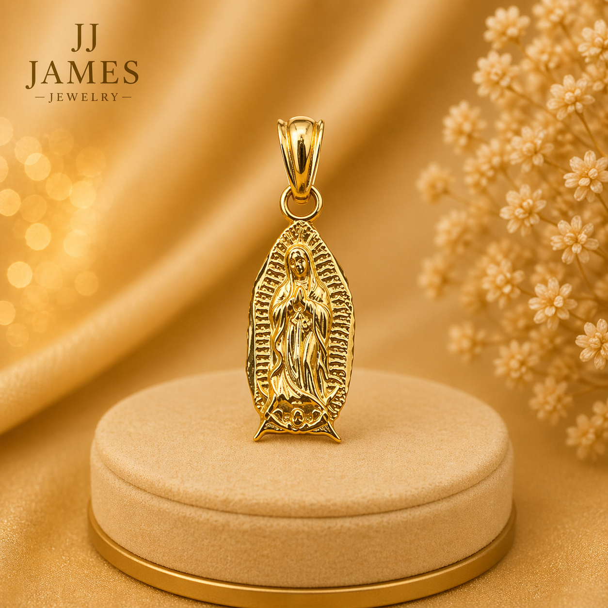 10K Yellow Gold Our Lady of Guadalupe Pendant – Religious Medal Charm Necklace