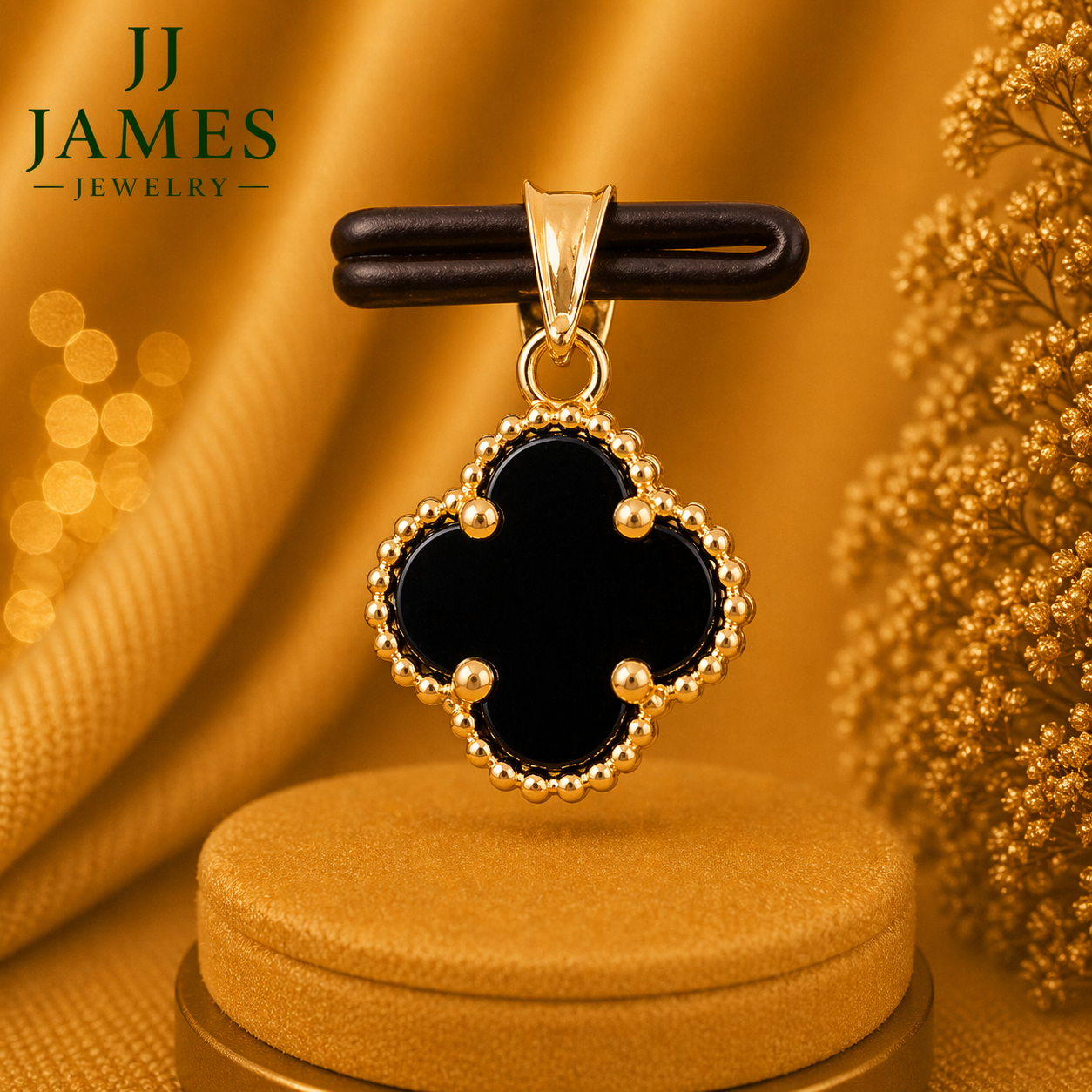 14K Yellow Gold Black Flower Pendant – Elegant Floral Necklace Charm