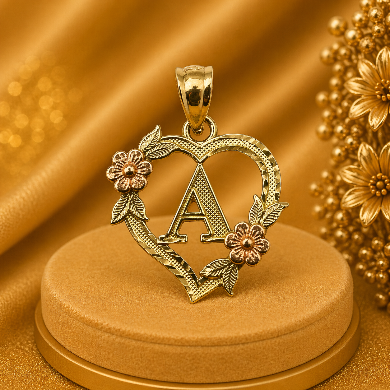 14K Yellow Gold Heart Initial A Pendant – Personalized Letter Gold Necklace Charm
