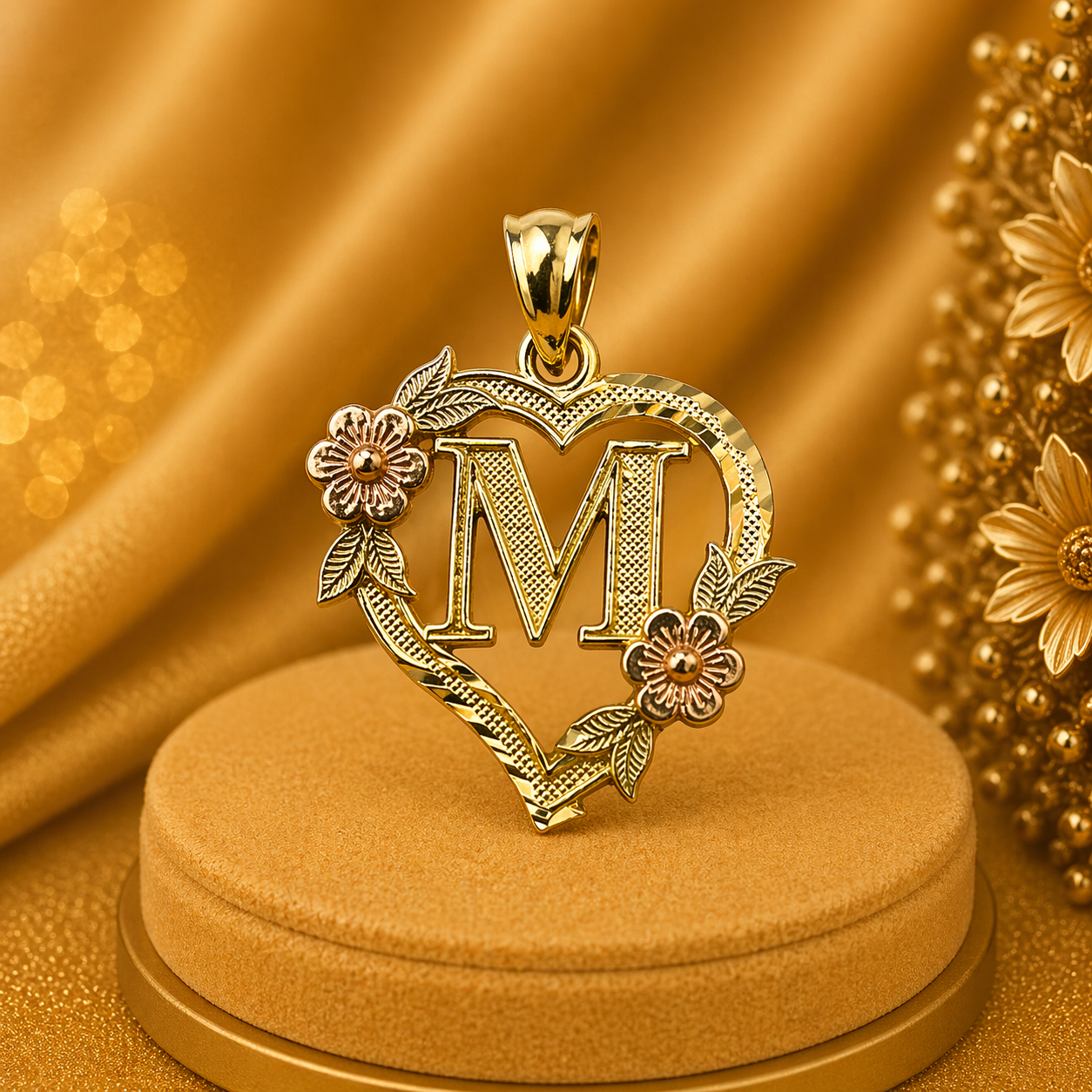 14K Yellow Gold Heart Initial M Pendant – Personalized Letter Gold Necklace Charm