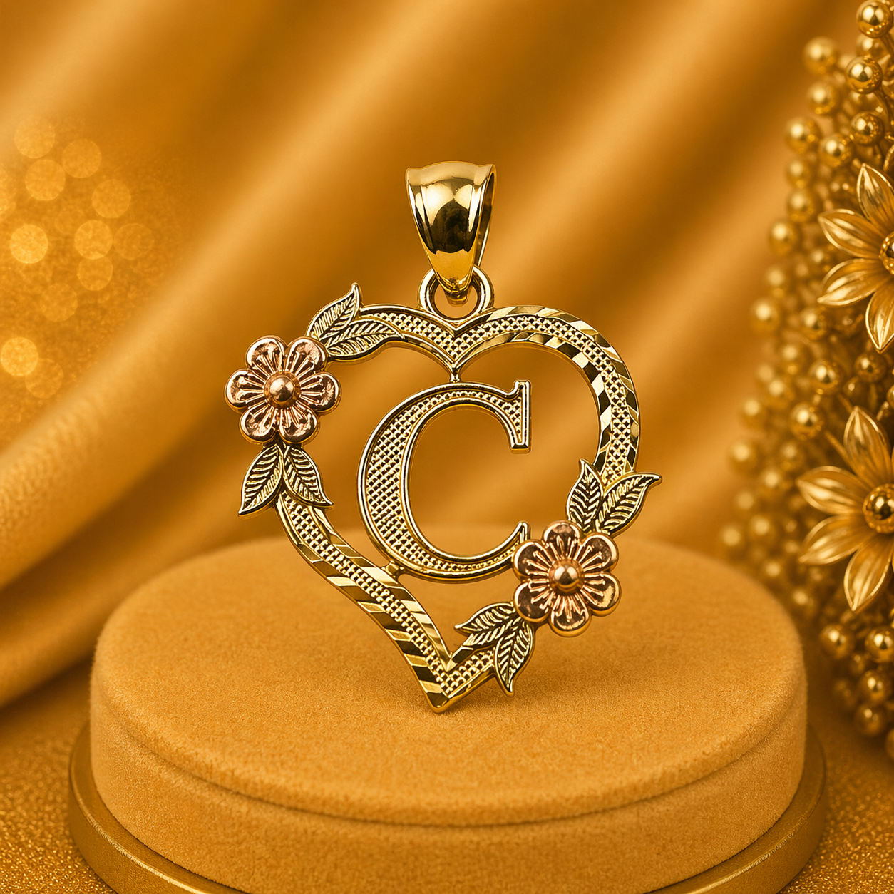 14K Yellow Gold Heart Initial C Pendant – Personalized Letter Gold Necklace Charm