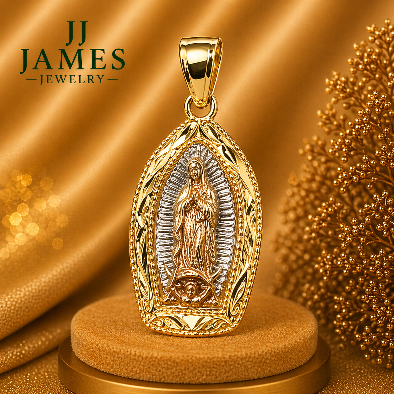 10K Yellow Gold Guadalupe Pendant – Religious Virgin Mary Gold Necklace Charm