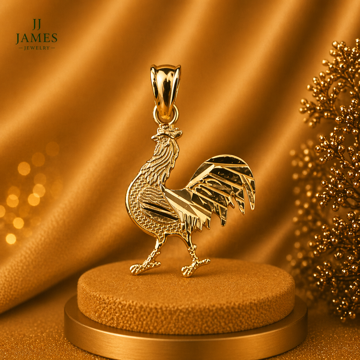 14K Yellow Gold Rooster Pendant – Detailed Animal Gold Necklace Charm