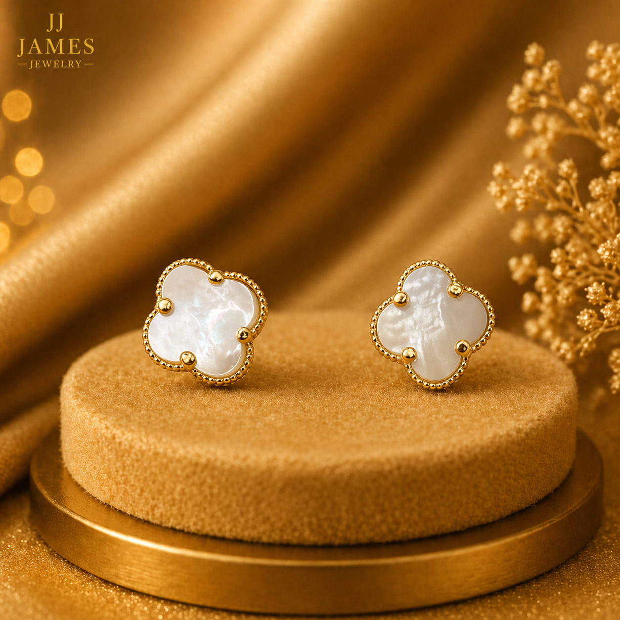 14K Yellow Gold Flower Earrings with White Pearl – Elegant Pearl Stud Earrings