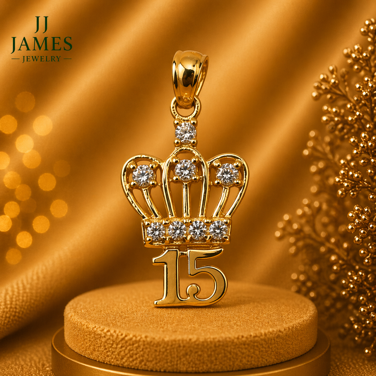 14K Yellow Gold 15th Birthday Pendant with Crown – Quinceañera Gold Necklace Charm