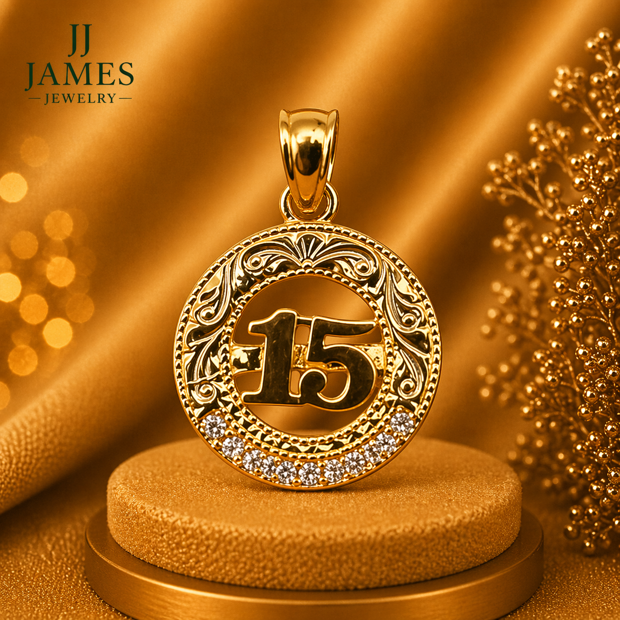 14K Yellow Gold 15th Birthday Pendant – Quinceañera Milestone Gold Necklace Charm