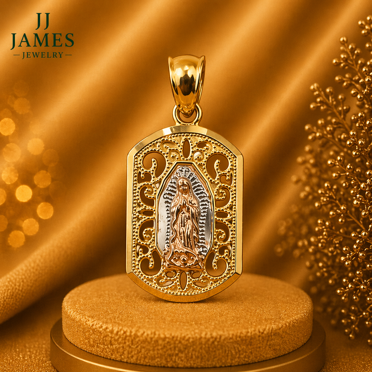 14K Yellow Gold Guadalupe Pendant – Virgin Mary Religious Gold Necklace Charm