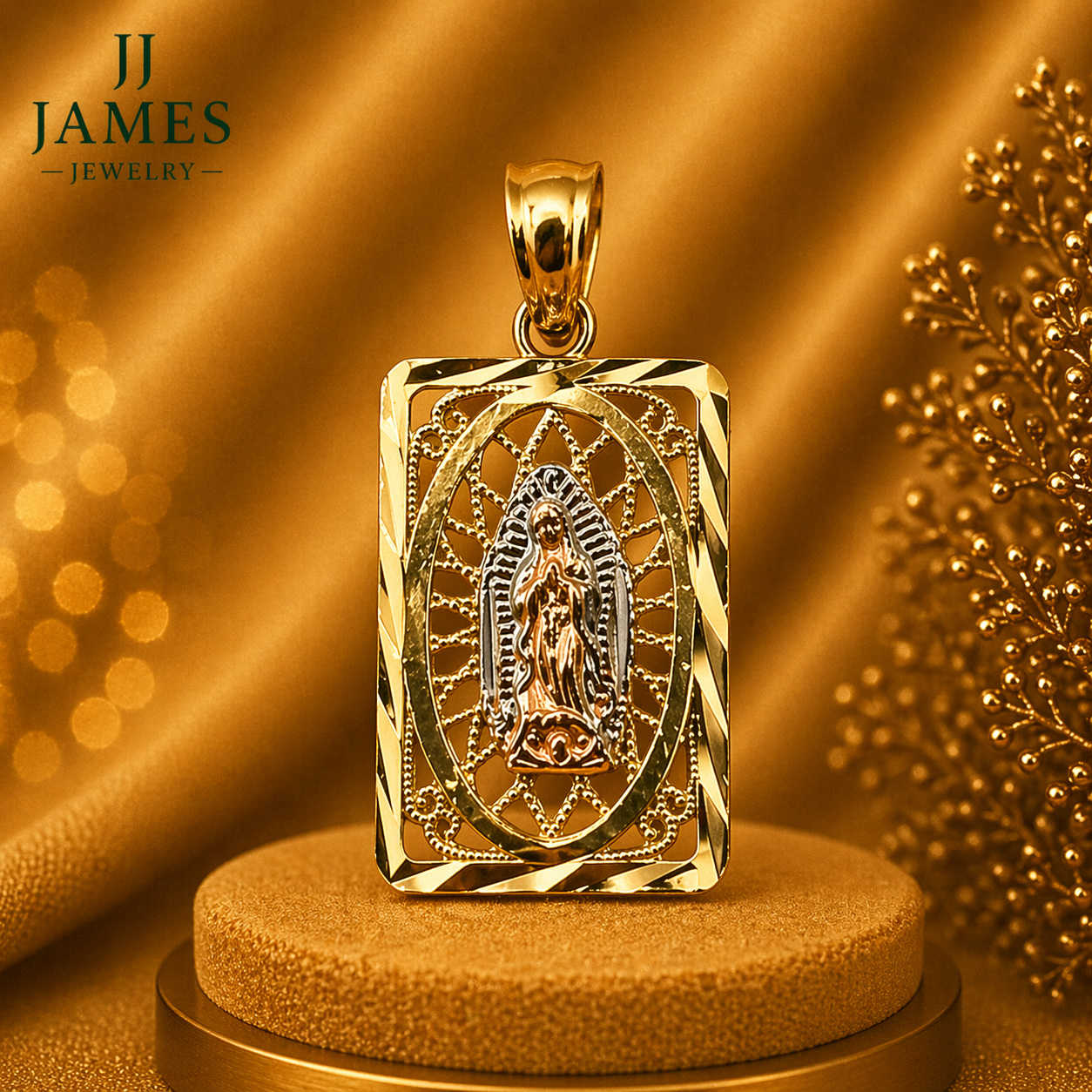 14K Yellow Gold Guadalupe Pendant – Virgin Mary Religious Gold Necklace Charm