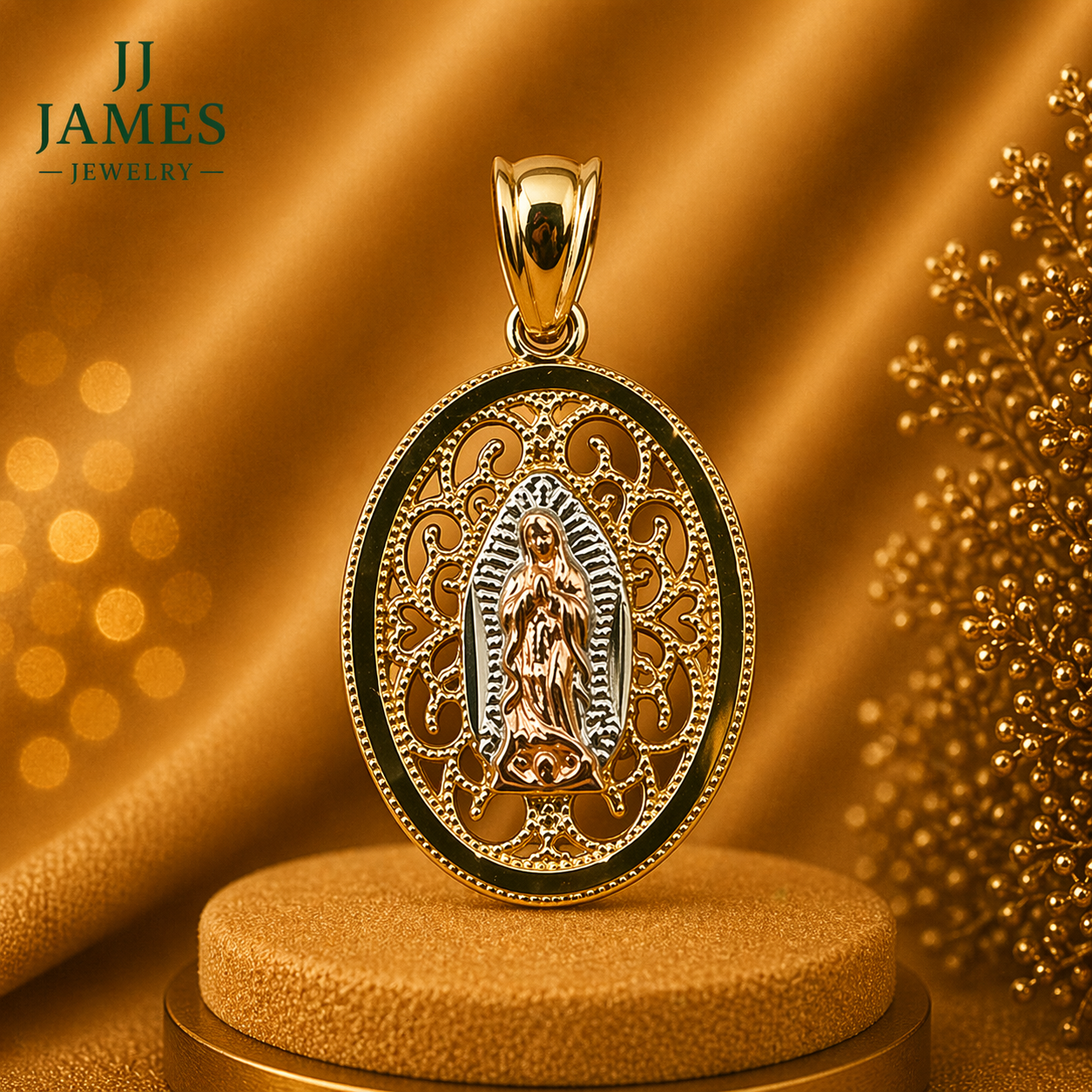 14K Yellow Gold Guadalupe Pendant – Virgin Mary Religious Gold Necklace Charm