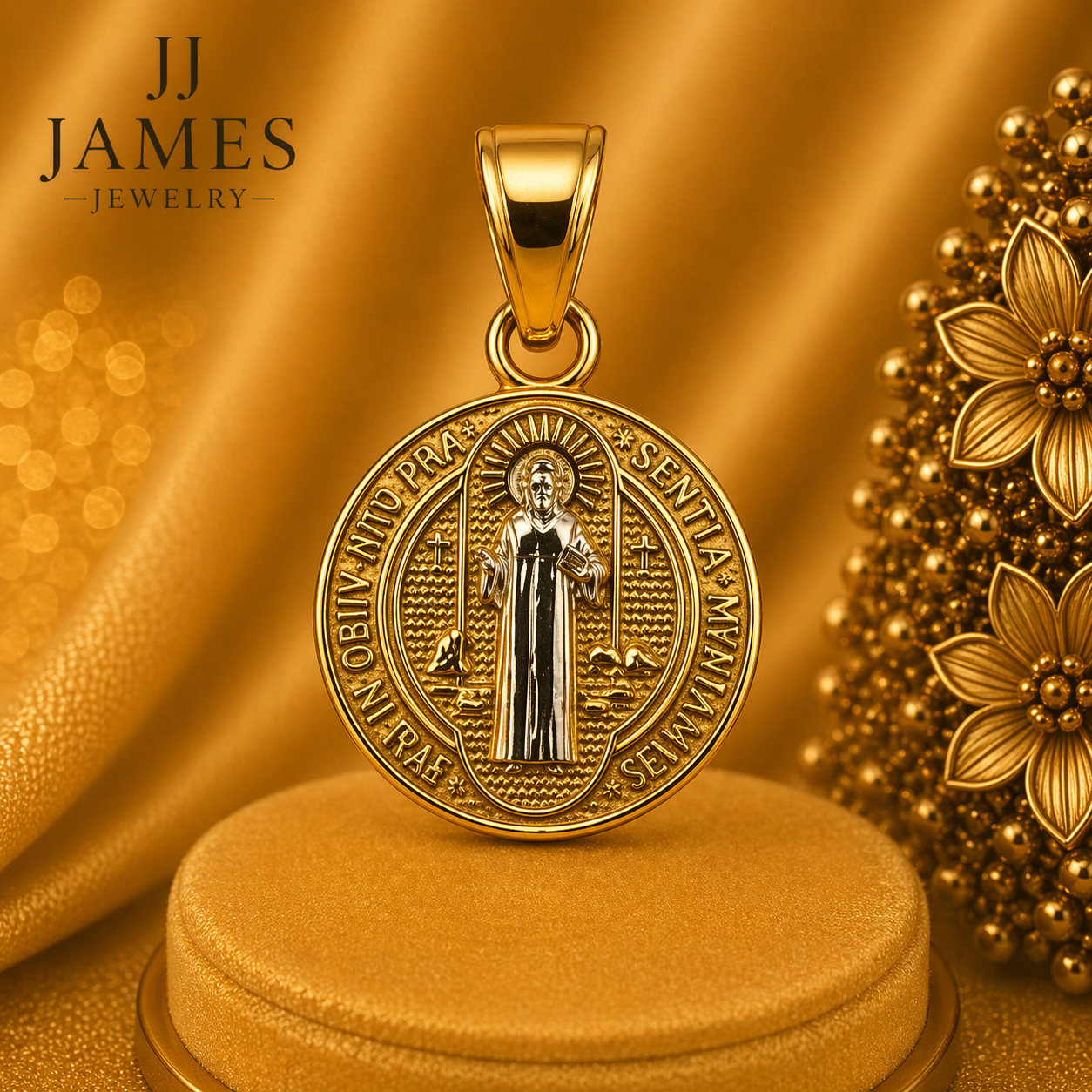 14K Yellow Gold San Benito Pendant – Religious Saint Benedict Gold Necklace Charm