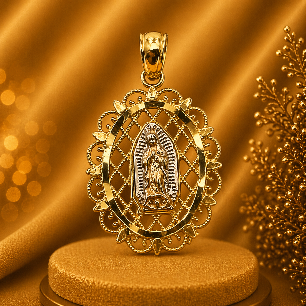 14K Yellow Gold Guadalupe Pendant – Virgin Mary Religious Gold Necklace Charm