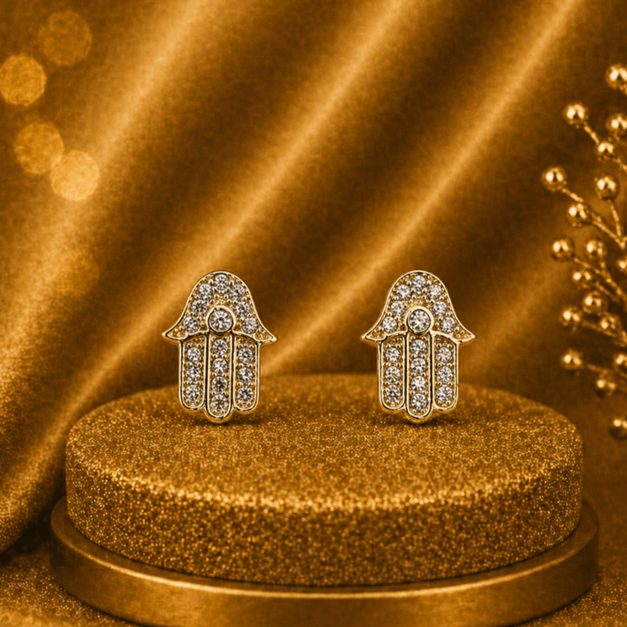 10K Yellow Gold Fatima’s Hand Earrings – Hamsa Symbol Gold Stud Earrings