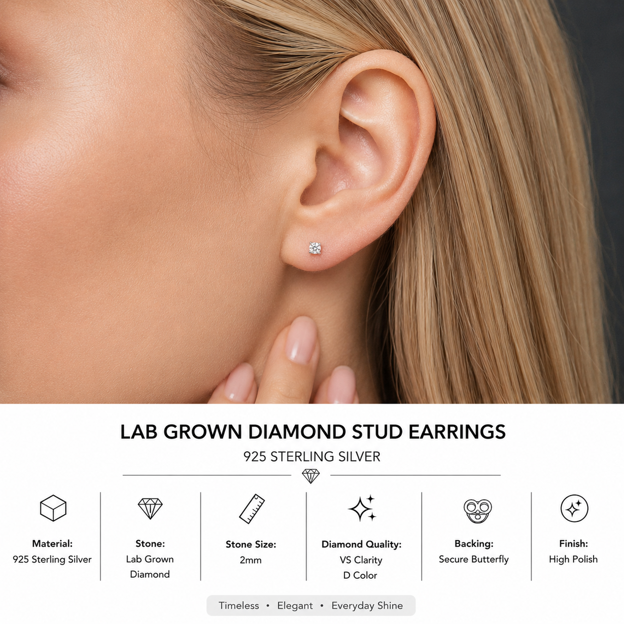 925 Sterling Silver 2mm Lab Grown Diamond Stud Earrings – 0.03 CT | D Color | VVS1