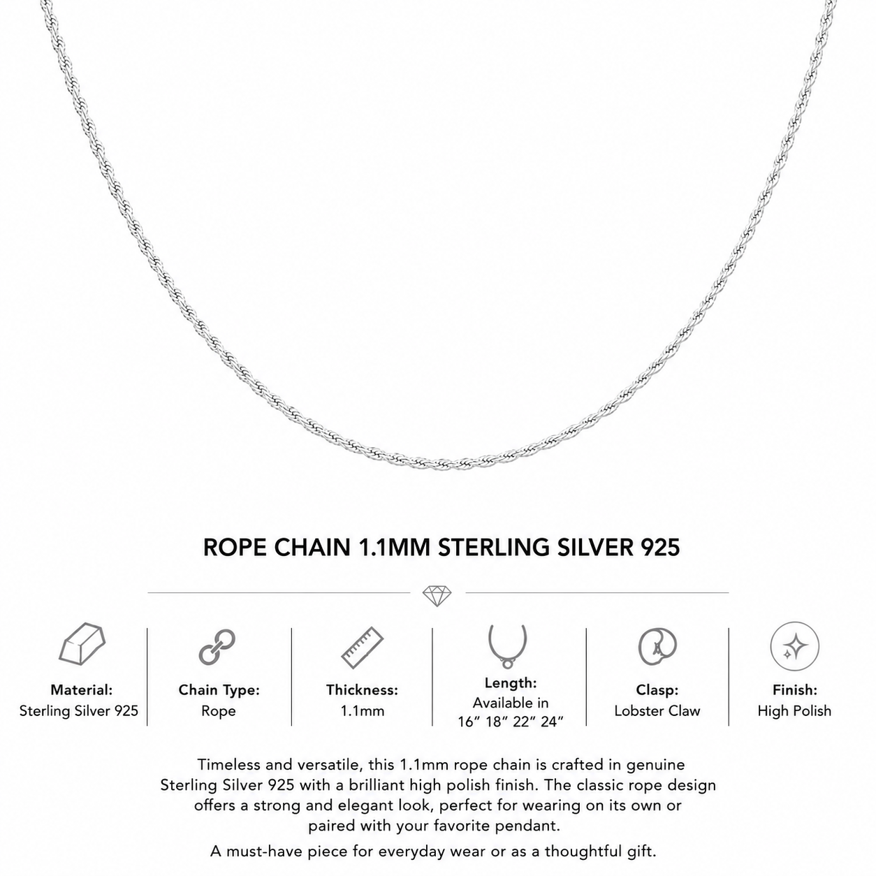 925 Sterling Silver Rope Chain 1.1mm – 22 Inch