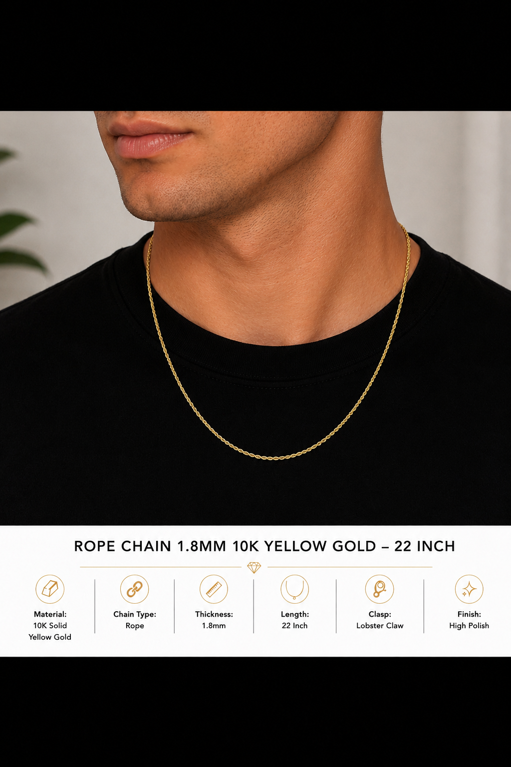 10K Yellow Gold Rope Chain 1.8mm – 22 Inch | Classic Rope Necklace