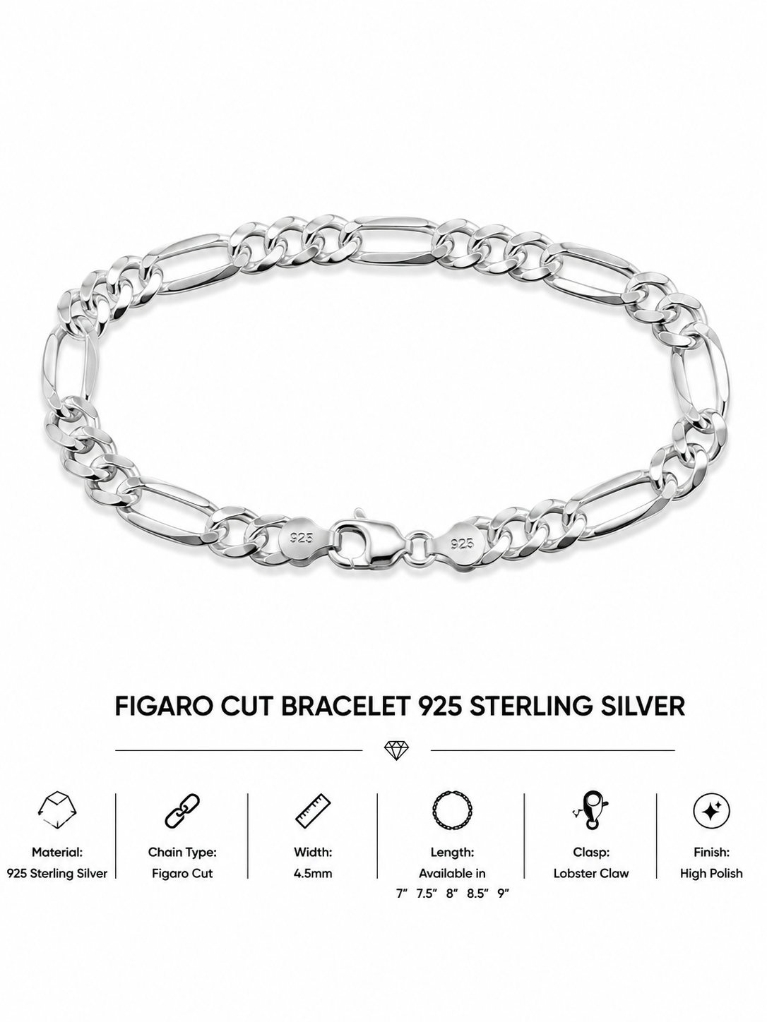 925 Sterling Silver Figaro Cut Bracelet 4.5mm 8 Inch High Polish