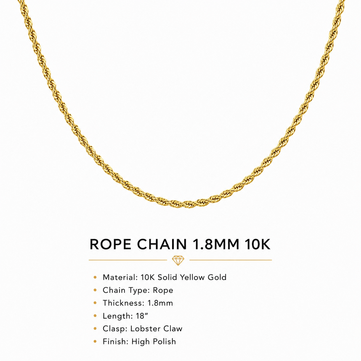 10K Yellow Gold Rope Chain 1.8mm – 22 Inch | Classic Rope Necklace