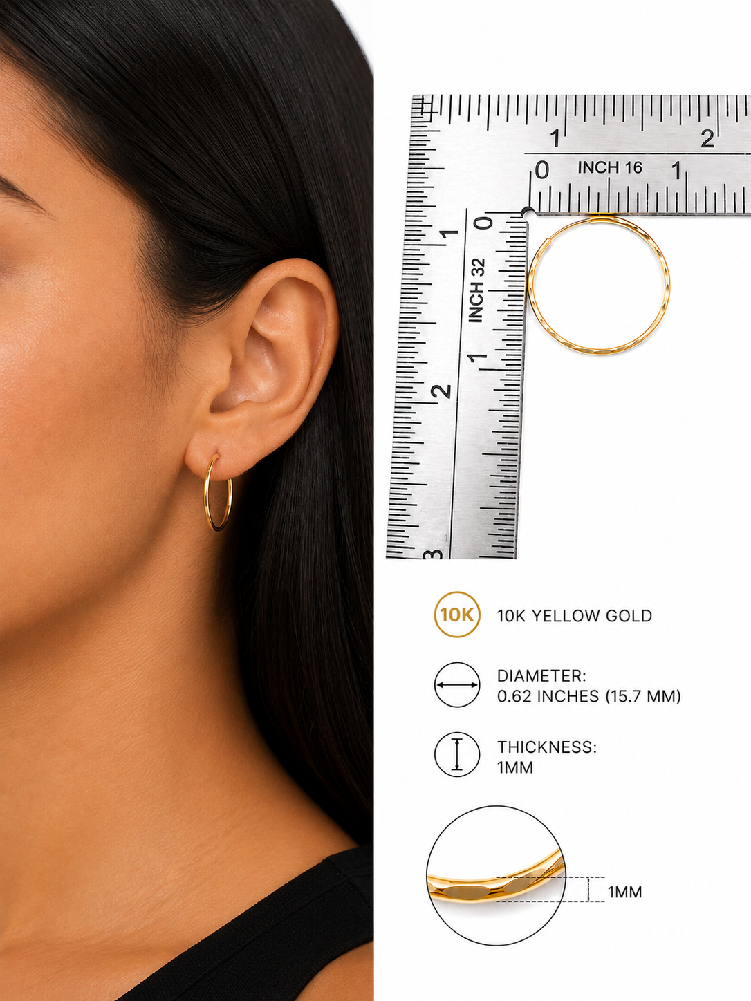 10K Yellow Gold Hoop Earrings – Diamond-Cut Finish – 1mm Thickness