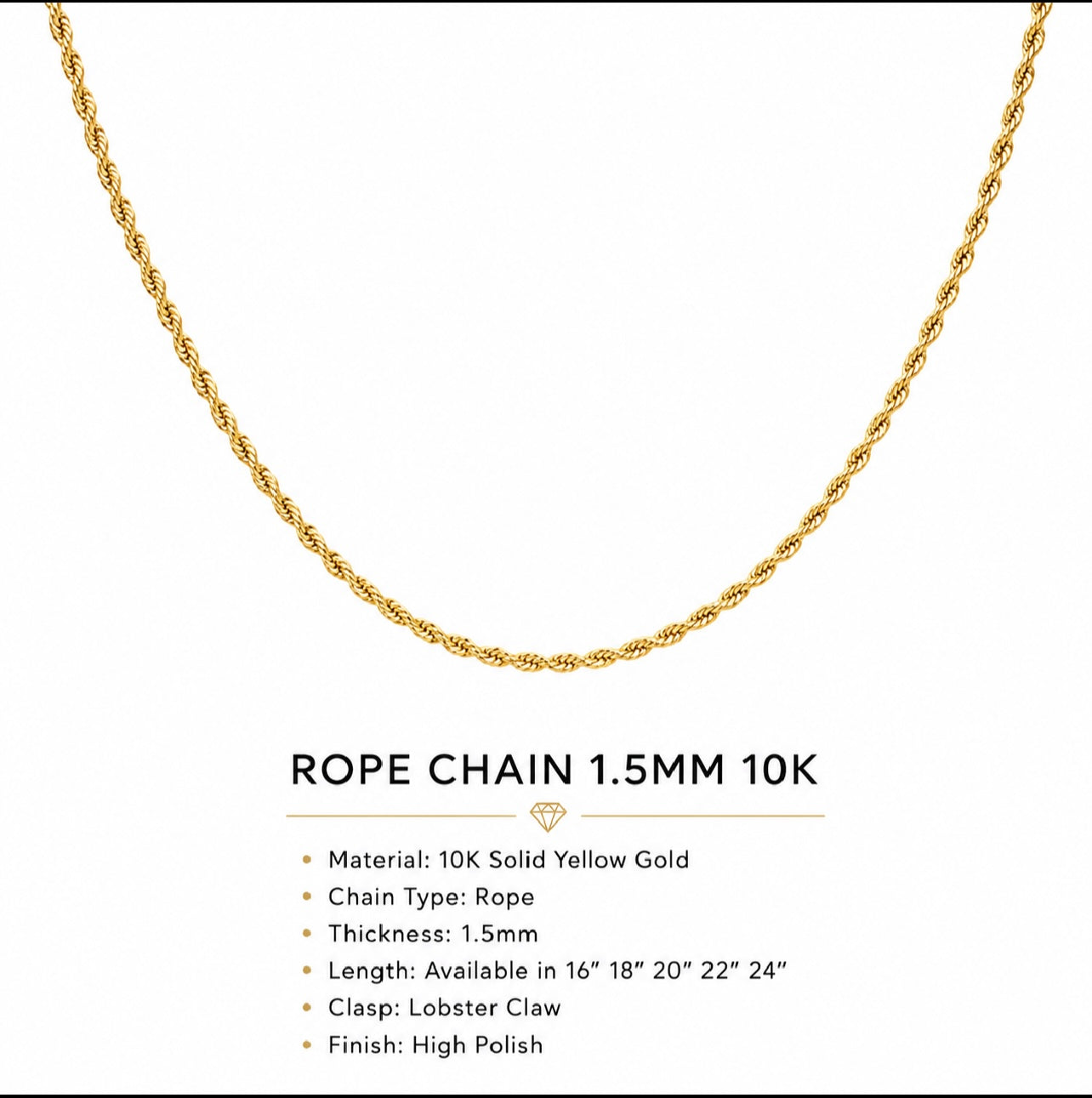10K Yellow Gold Rope Chain Necklace 1.5mm – 24 Inch