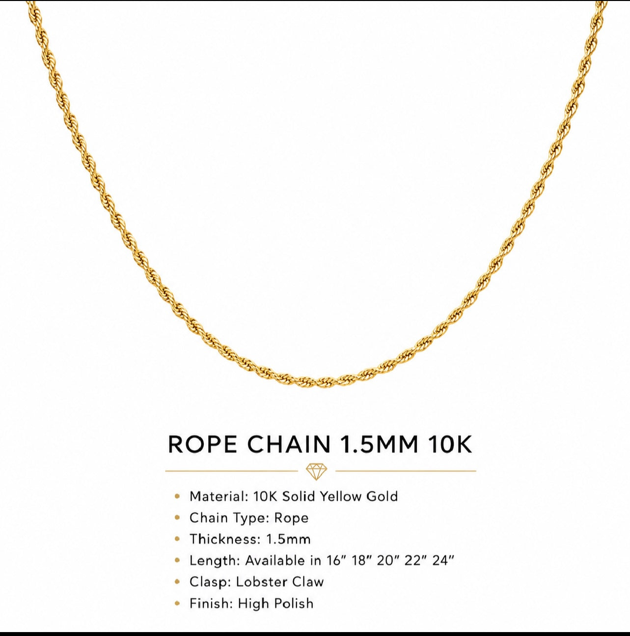 10K Yellow Gold Rope Chain Necklace 1.5mm – 16 Inch