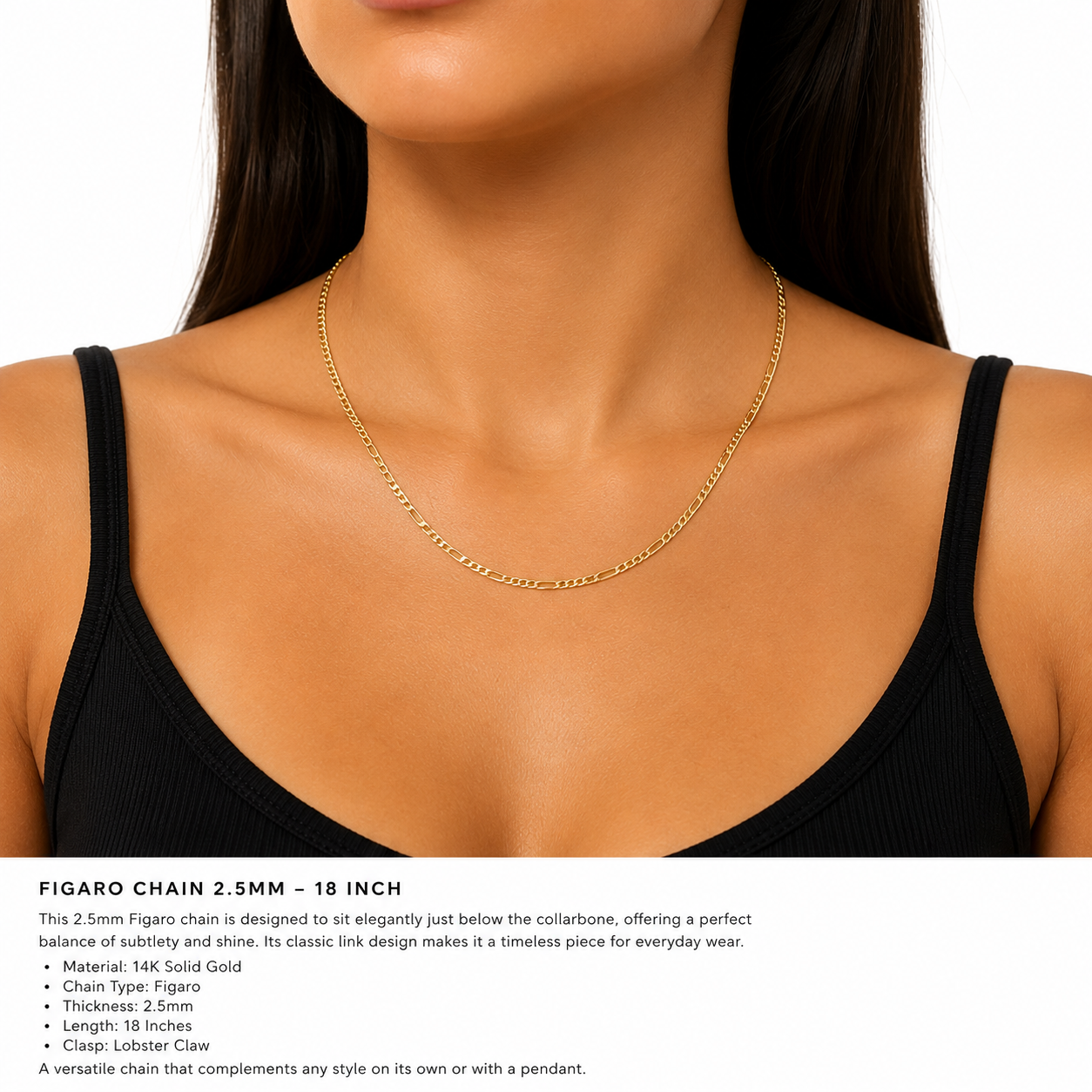 10K Yellow Gold Figaro Chain 18” – 2.5mm Classic Link Necklace Jewelry