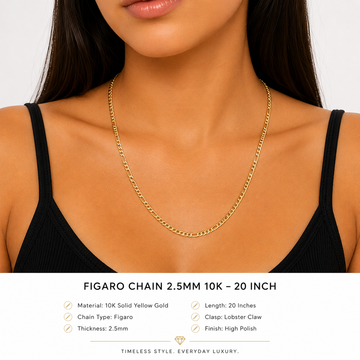 10K Yellow Gold Figaro Chain 20” – 2.5mm Classic Link Necklace Jewelry