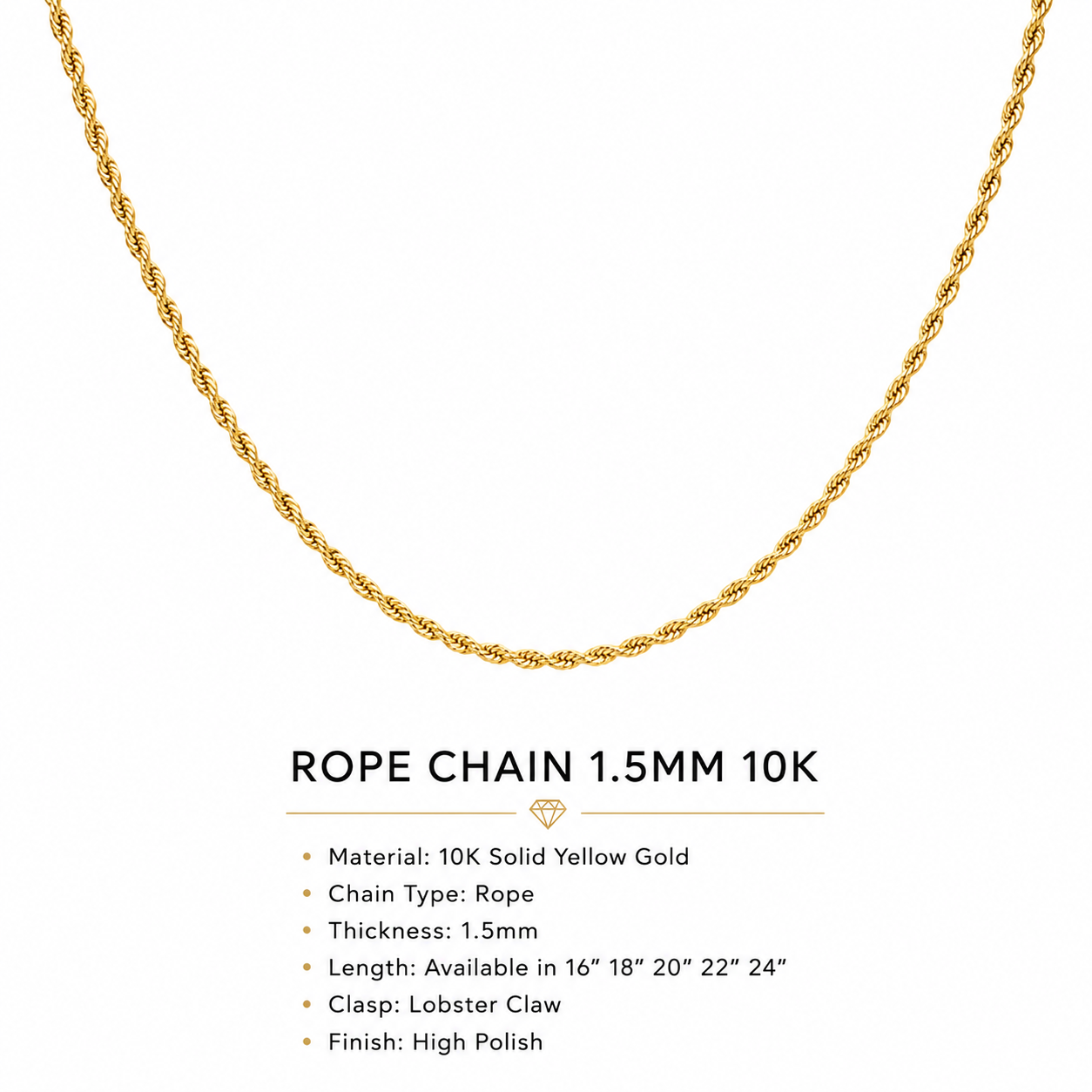 10K Yellow Gold Rope Chain 20” – 1.5mm Classic Twisted Necklace Jewelry
