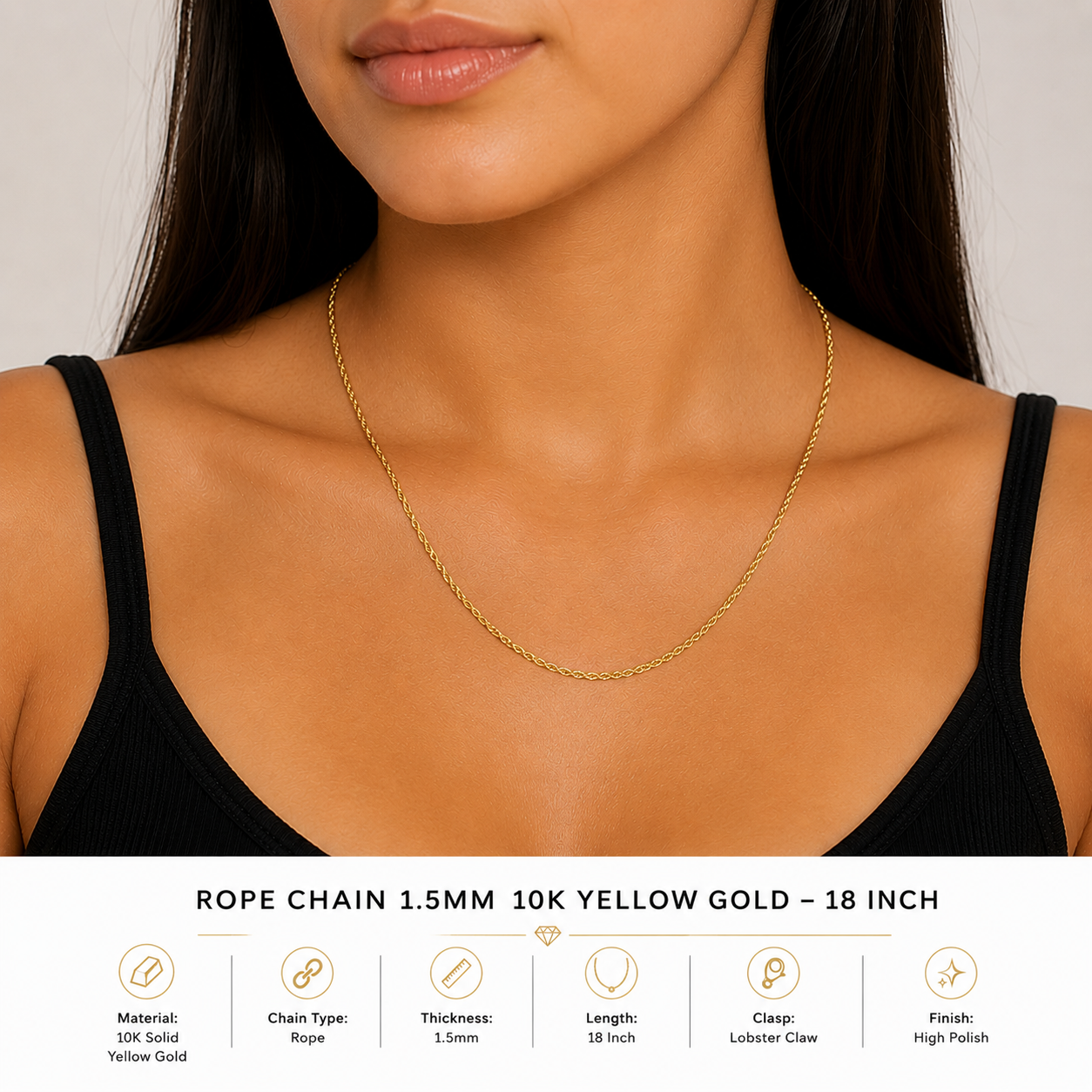 10K Yellow Gold Rope Chain 18” – 1.5mm Classic Twisted Necklace Jewelry
