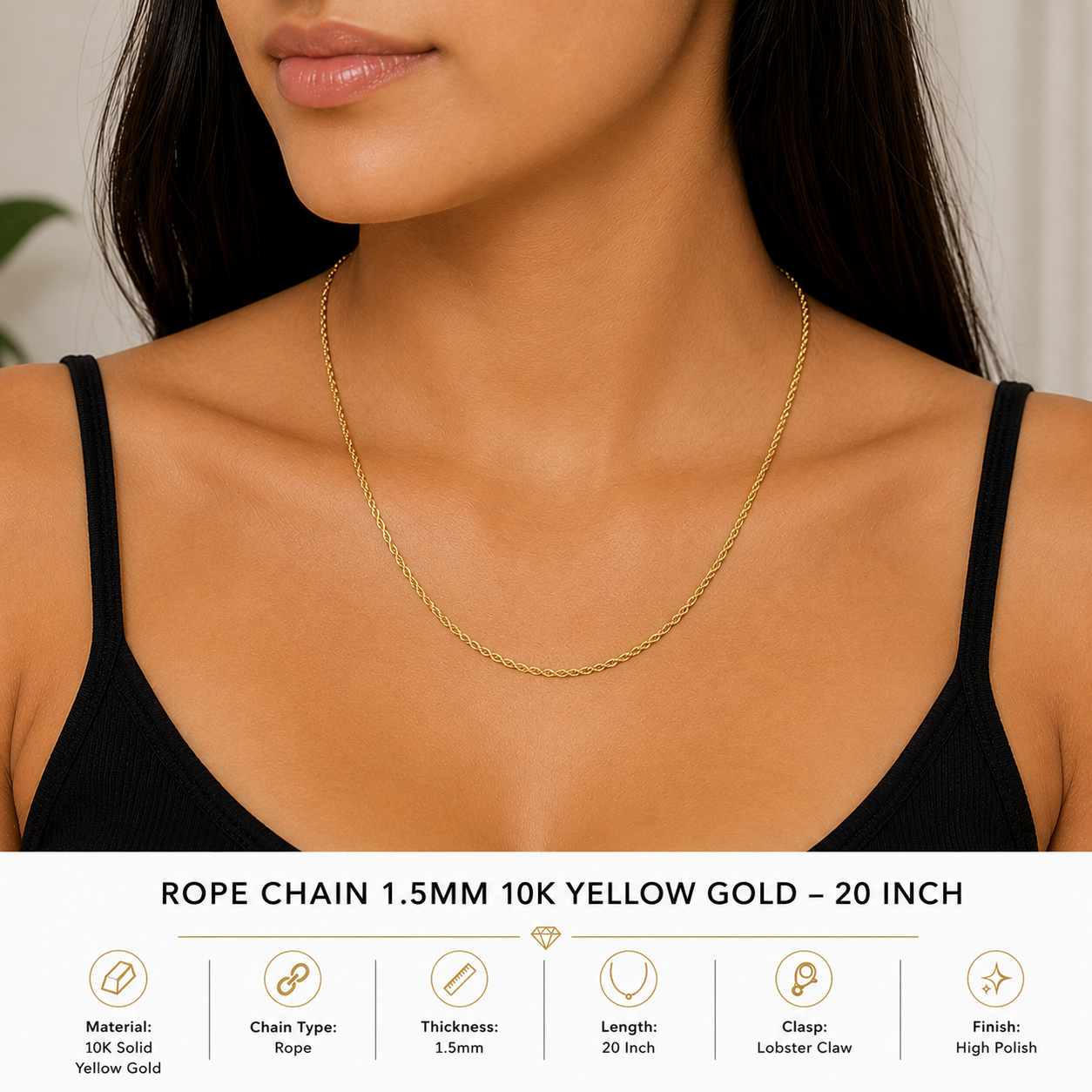 10K Yellow Gold Rope Chain 20” – 1.5mm Classic Twisted Necklace Jewelry