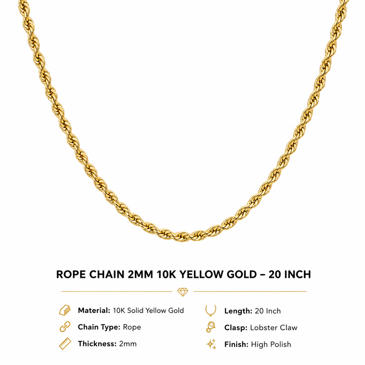 10K Yellow Gold Rope Chain 20” – 2mm Classic Twisted Necklace Jewelry